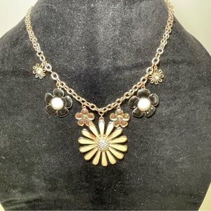 Floral Gold Tone Cream and Black Necklace